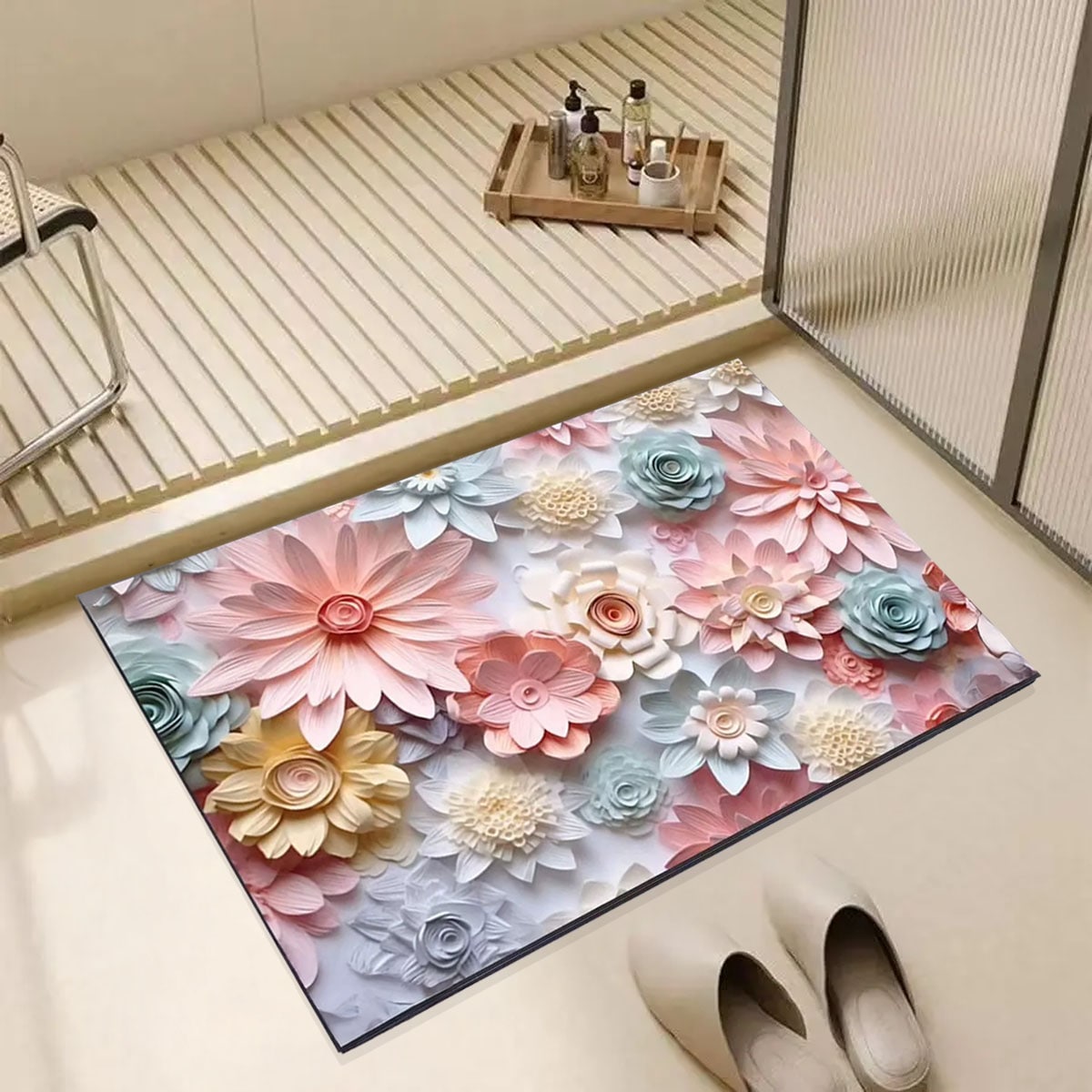 VeroMan 花柄バスマット 立体デザイン 滑り止め付き カット可能