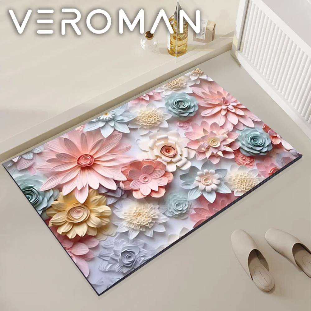 VeroMan 花柄バスマット 立体デザイン 珪藻土マット 吸水速乾 滑り止め付き カット可能インテリアマット 韓国インテリア [40cm×60cm]