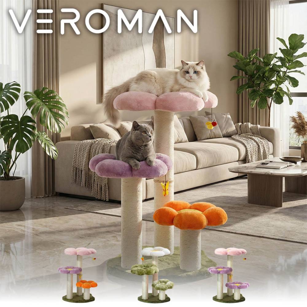 VeroMan  キャットタワー 大型猫対応 豪華フラワーデザイン  花型キャットハウス 猫ベッド一体型 サイザル麻素材 爪とぎ付き 安定大型ベース カートゥーン風 韓国インテリア