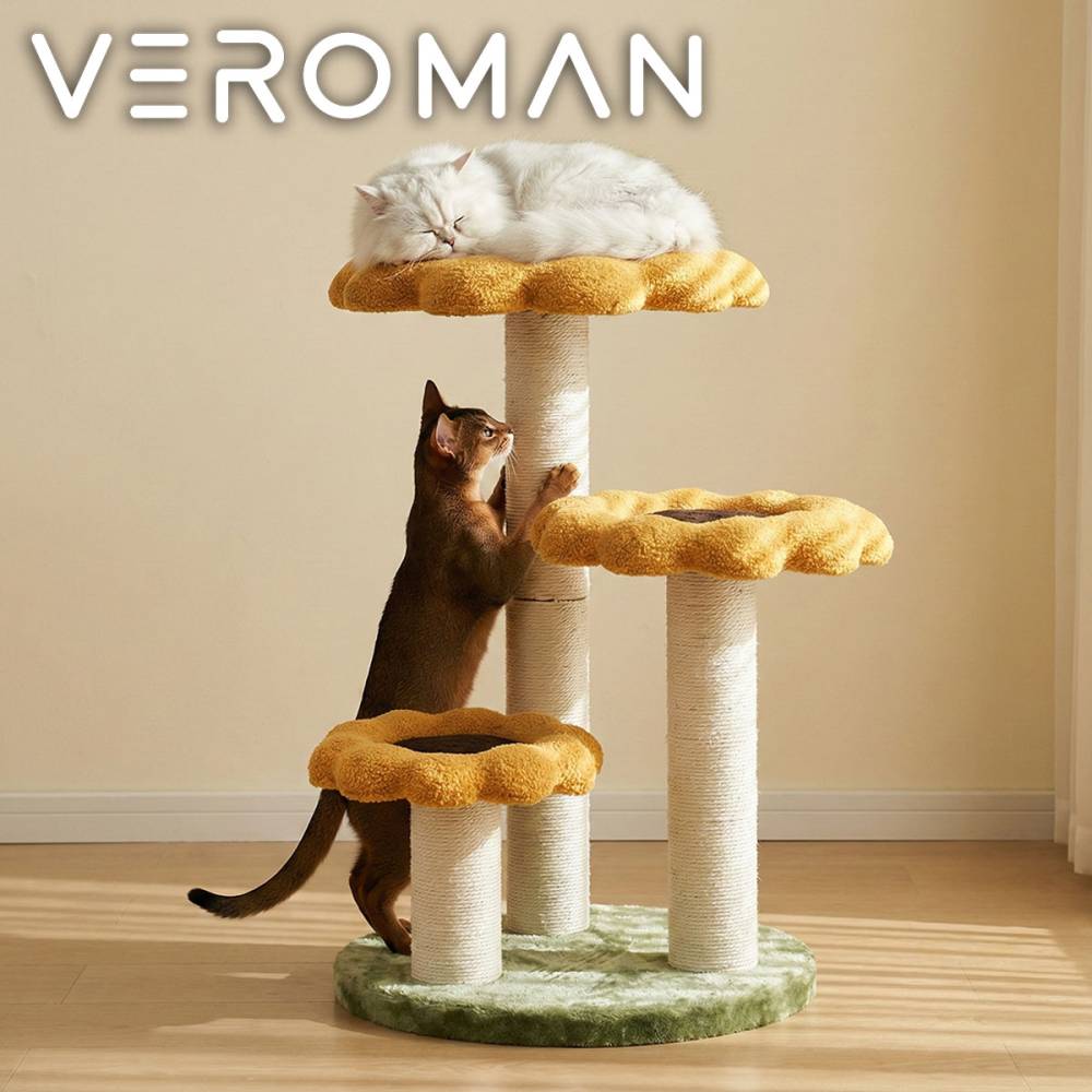 VeroMan  キャットタワー 大型猫対応 豪華フラワーデザイン  花型キャットハウス 猫ベッド一体型 サイザル麻素材 爪とぎ付き 安定大型ベース カートゥーン風 韓国インテリア