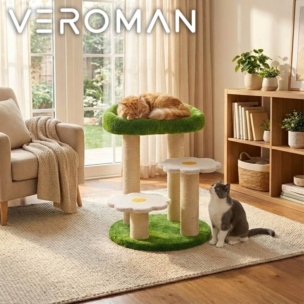 VeroMan  キャットタワー 大型猫対応 豪華フラワーデザイン  花型キャットハウス 猫ベッド一体型 サイザル麻素材 爪とぎ付き 安定大型ベース カートゥーン風 韓国インテリア