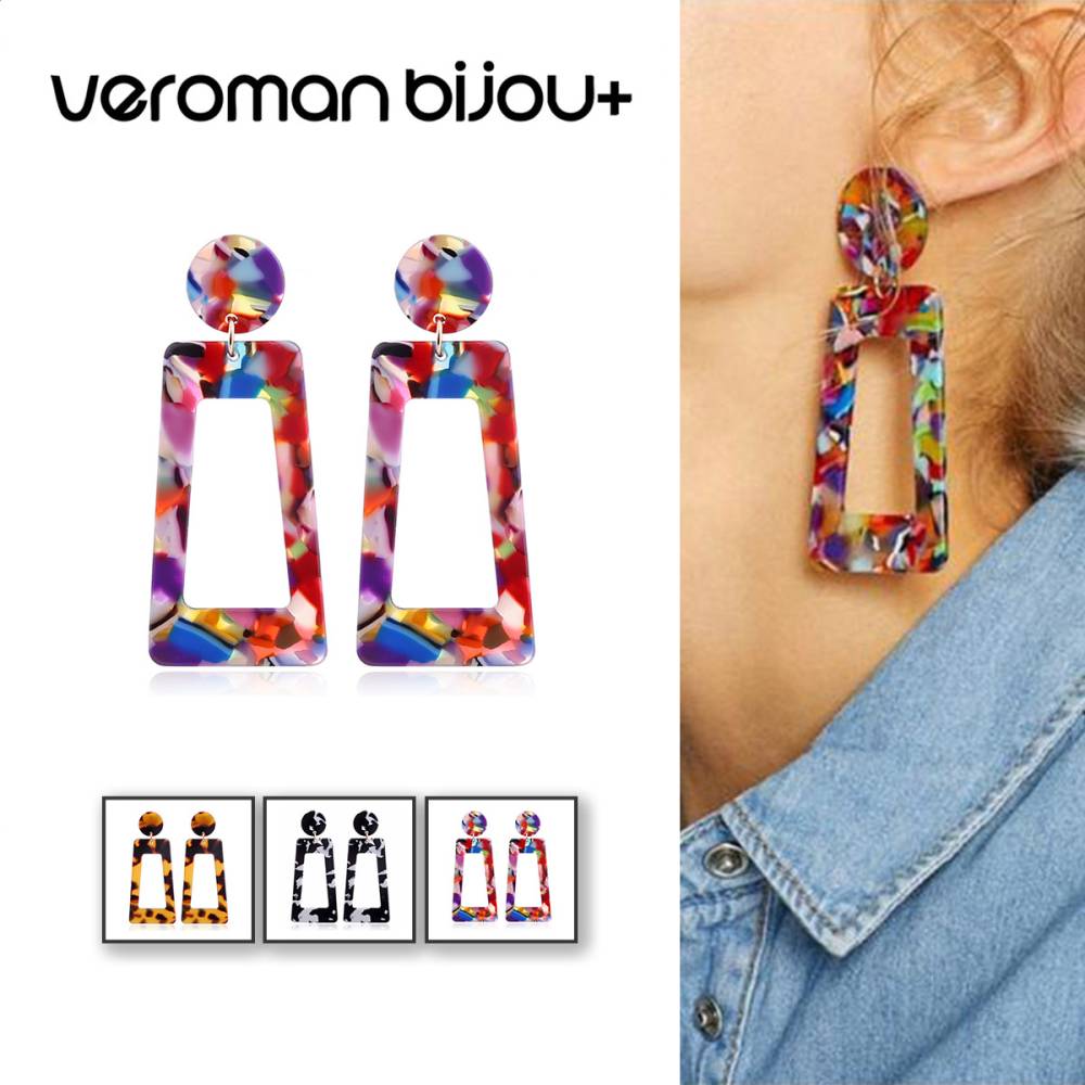 VeroMan BIJOU+ アニマル柄 ヒョウ柄 大ぶり ピアス アセテート アクリル 幾何学 スクエア T字型 ロング ドロップ レオパード 存在感 おしゃれ 韓国アクセサリー