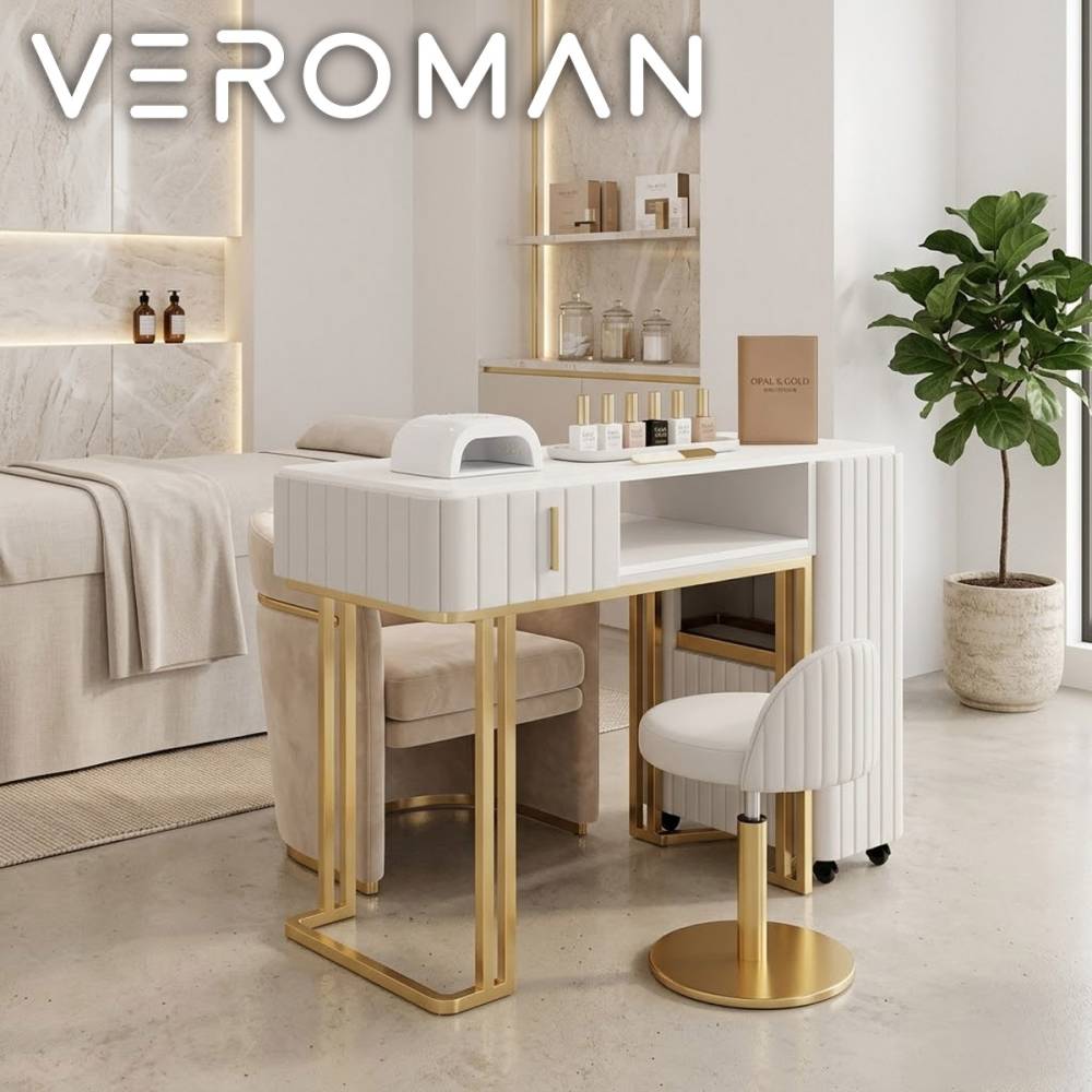 VeroMan ネイルテーブル デスク 収納付き オーダーメイド 引き出し ゴールドフレーム 大理石調 ネイルサロン エステ 業務用 家具 韓国インテリア [100x45x78cm]