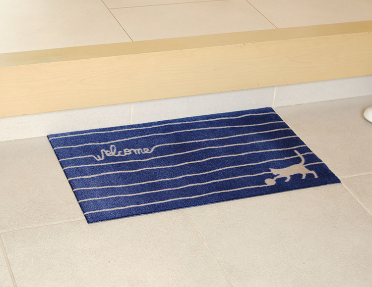 [水洗い可能でお手入れ簡単] 屋内・屋外兼用 玄関マット ねこ柄 ネイビー 40×70cm 