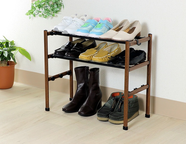 会員登録で500ポイント／上下連結 伸縮 シューズラック 木目調 組立