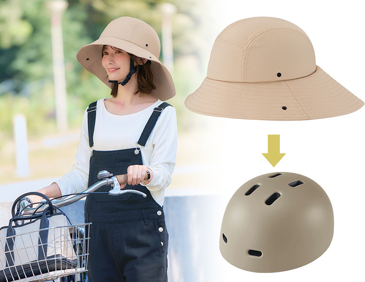 [自転車でもUV対策] 自転車ヘルメット用 ツバ広サファリハット おしゃヘル (チャコール/ベージュ)