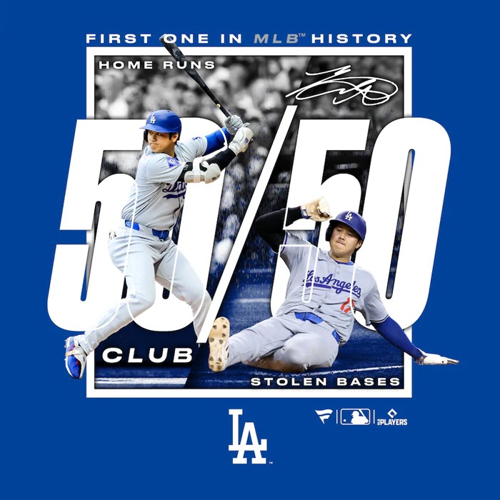 Fanatics �ե��ʥƥ����� T����� ��ë��ʿ 50-50 FIRST ONE IN MLB HISTORY T����� ��� MLB �᥸�㡼�꡼�� �����󥼥륹���ɥ��㡼�� DODGERS ML01-24FW-0006 S-XL �֥롼 ��ñ�ʹ����ξ��ϥ᡼����ȯ����