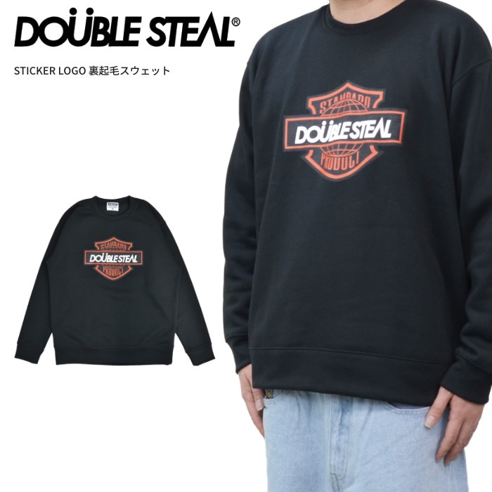DOUBLE STEAL ���֥륹�ƥ����� �������å� STICKER LOGO SWEATSHIRT ���롼�ͥå� �ȥ졼�ʡ� �ե꡼�� Ĺµ �ȥåץ� ��� M-XL �֥�å� 924-14054 ������̵���ۡڥ������
