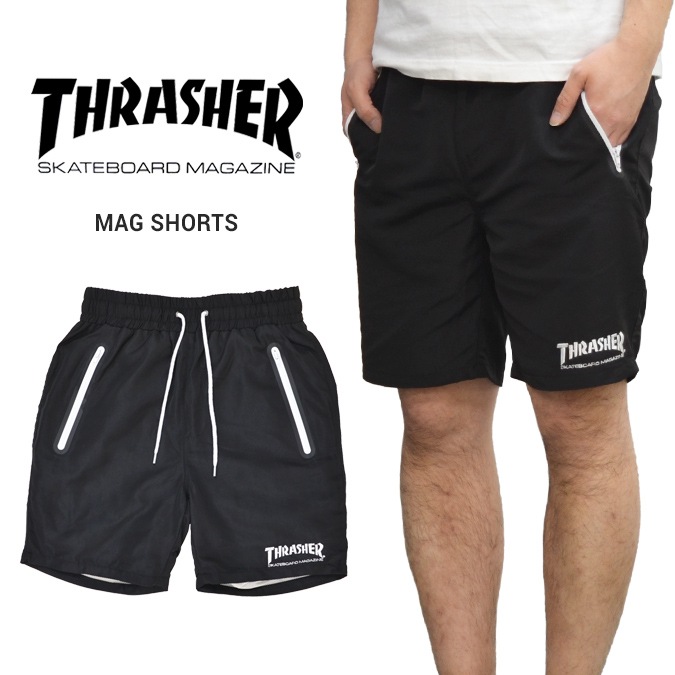 THRASHER ブラックショートパンツ THRASHER スラッシャー MAG SHORTS ナイロン ショートパンツ