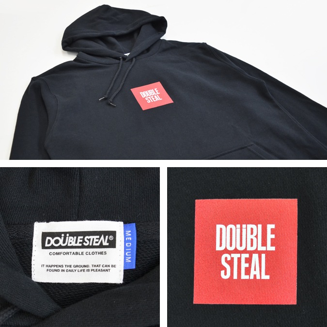 DOUBLE STEAL (���֥륹�ƥ�����) �ѡ����� SMALL SQUARE HOODIE �������å� �ե꡼�� Ĺµ ��� M-XL �֥�å� ���졼 996-65050 ������̵���ۡڥ������