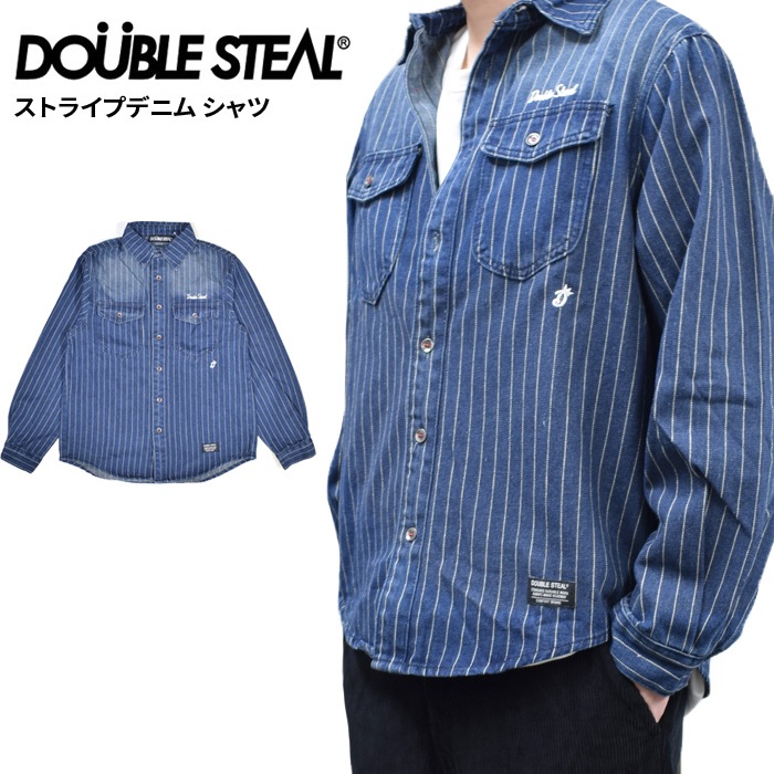 DOUBLE STEAL ���֥륹�ƥ����� ����� STRIPE DENIM SHIRTS ���ȥ饤�� �ǥ˥� ����� �����奢�륷��� Ĺµ ��� M-XL 744-32043 ������̵����