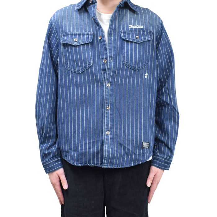 DOUBLE STEAL ���֥륹�ƥ����� ����� STRIPE DENIM SHIRTS ���ȥ饤�� �ǥ˥� ����� �����奢�륷��� Ĺµ ��� M-XL 744-32043 ������̵����