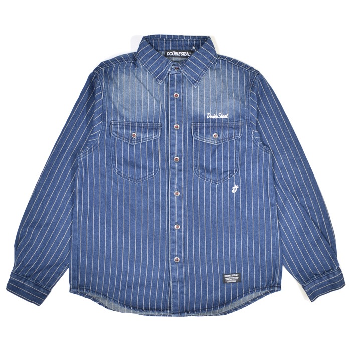 DOUBLE STEAL ���֥륹�ƥ����� ����� STRIPE DENIM SHIRTS ���ȥ饤�� �ǥ˥� ����� �����奢�륷��� Ĺµ ��� M-XL 744-32043 ������̵����