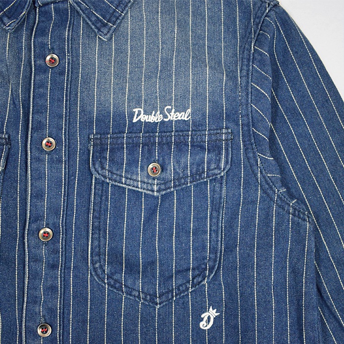 DOUBLE STEAL ���֥륹�ƥ����� ����� STRIPE DENIM SHIRTS ���ȥ饤�� �ǥ˥� ����� �����奢�륷��� Ĺµ ��� M-XL 744-32043 ������̵����