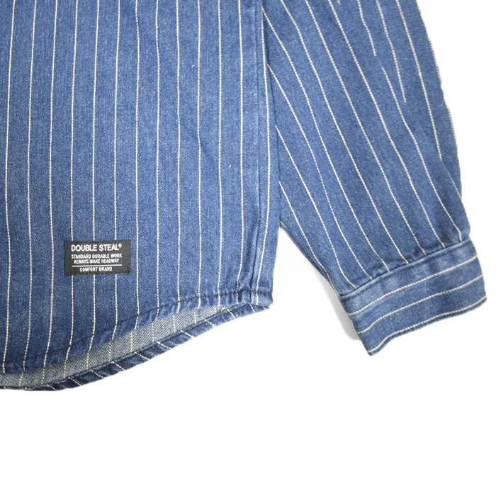 DOUBLE STEAL ���֥륹�ƥ����� ����� STRIPE DENIM SHIRTS ���ȥ饤�� �ǥ˥� ����� �����奢�륷��� Ĺµ ��� M-XL 744-32043 ������̵����