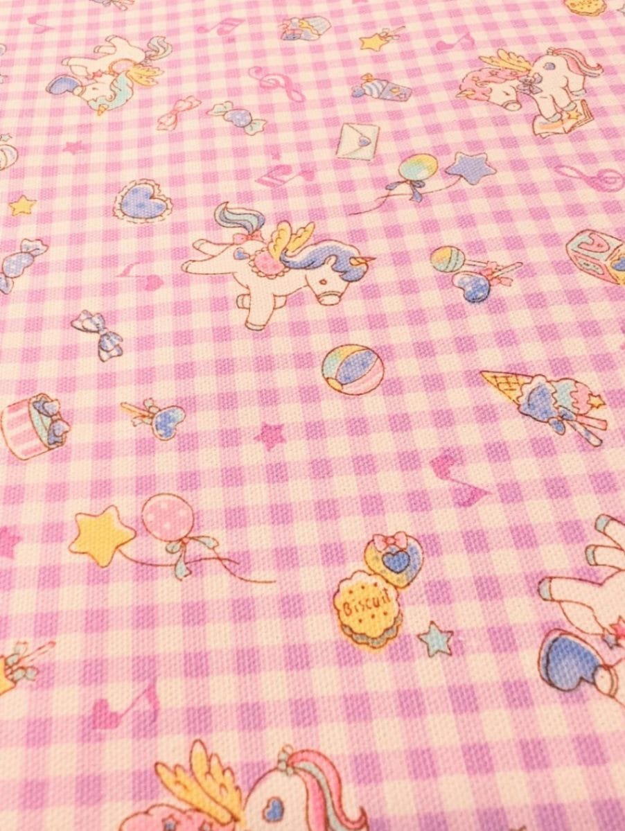 ゆめかわ バニラポップ 生地 チェック柄ユニコーン オックス パープル
