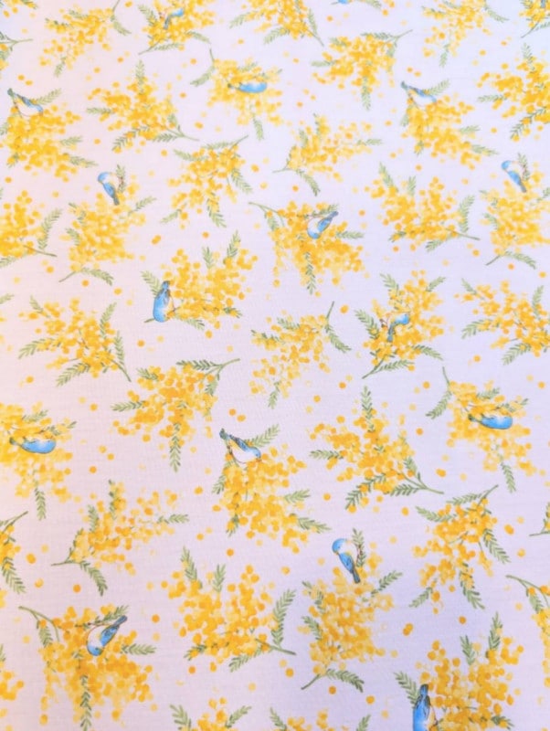 ミモザと青い鳥　ブロード生地　フラワー　生地　布　アイボリー