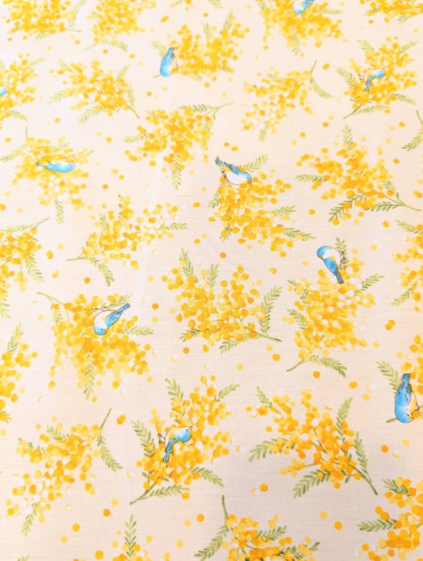 ミモザと青い鳥　ブロード生地　フラワー　生地　布　イエロー