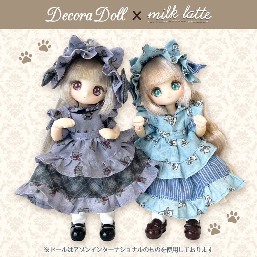 ドール服用生地 ねこちゃん/ブルー Decora Doll×milk latte/ちいさな