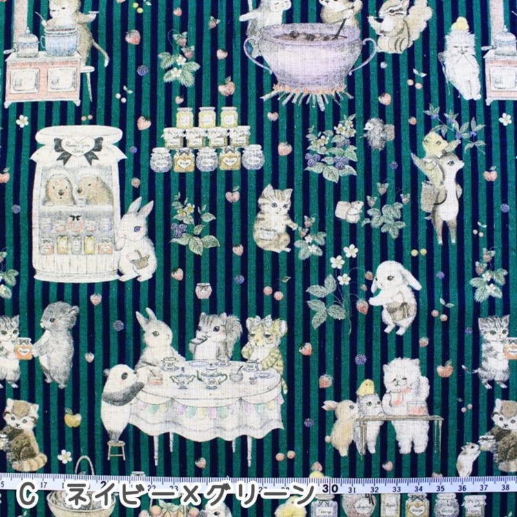 ユキエモン yukiemon ジャムラボ 綿麻プリント生地 巾約112cm ネイビー×グリーン