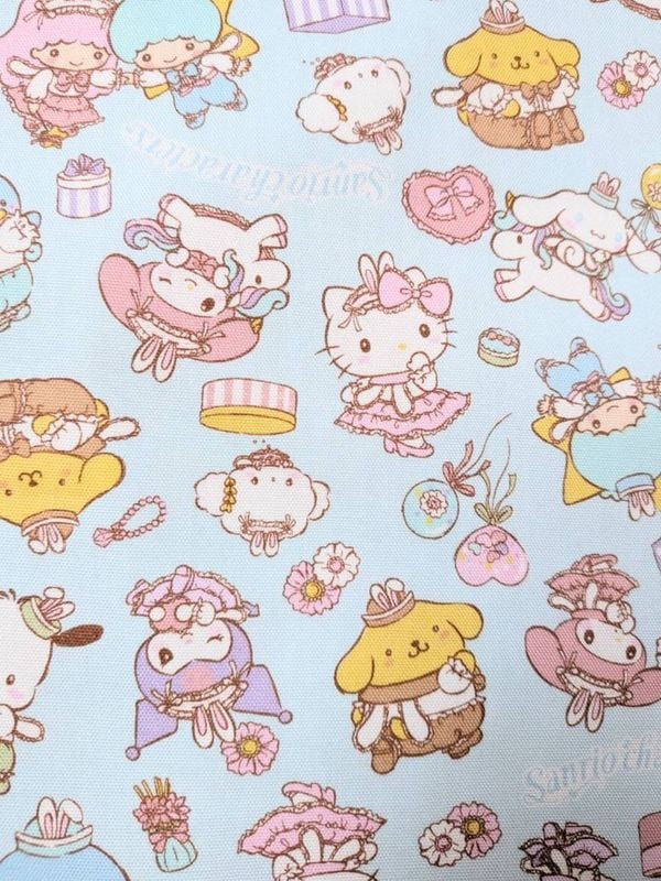 サンリオ オールスターズ うさ耳柄 オックス生地 パステルブルー｜幅約110cm 布 キャラクター 入園入学 レッスンバッグ 巾着 ハンドメイド