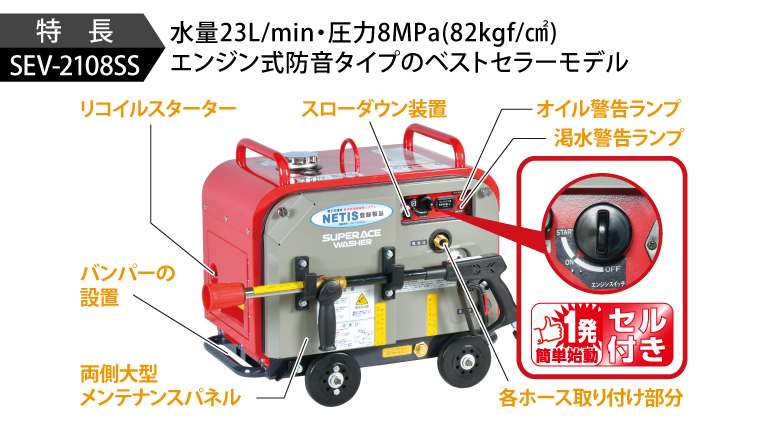 スーパー工業 高圧洗浄機 エンジン 防音型 SEV-2108SSH ホースリール付