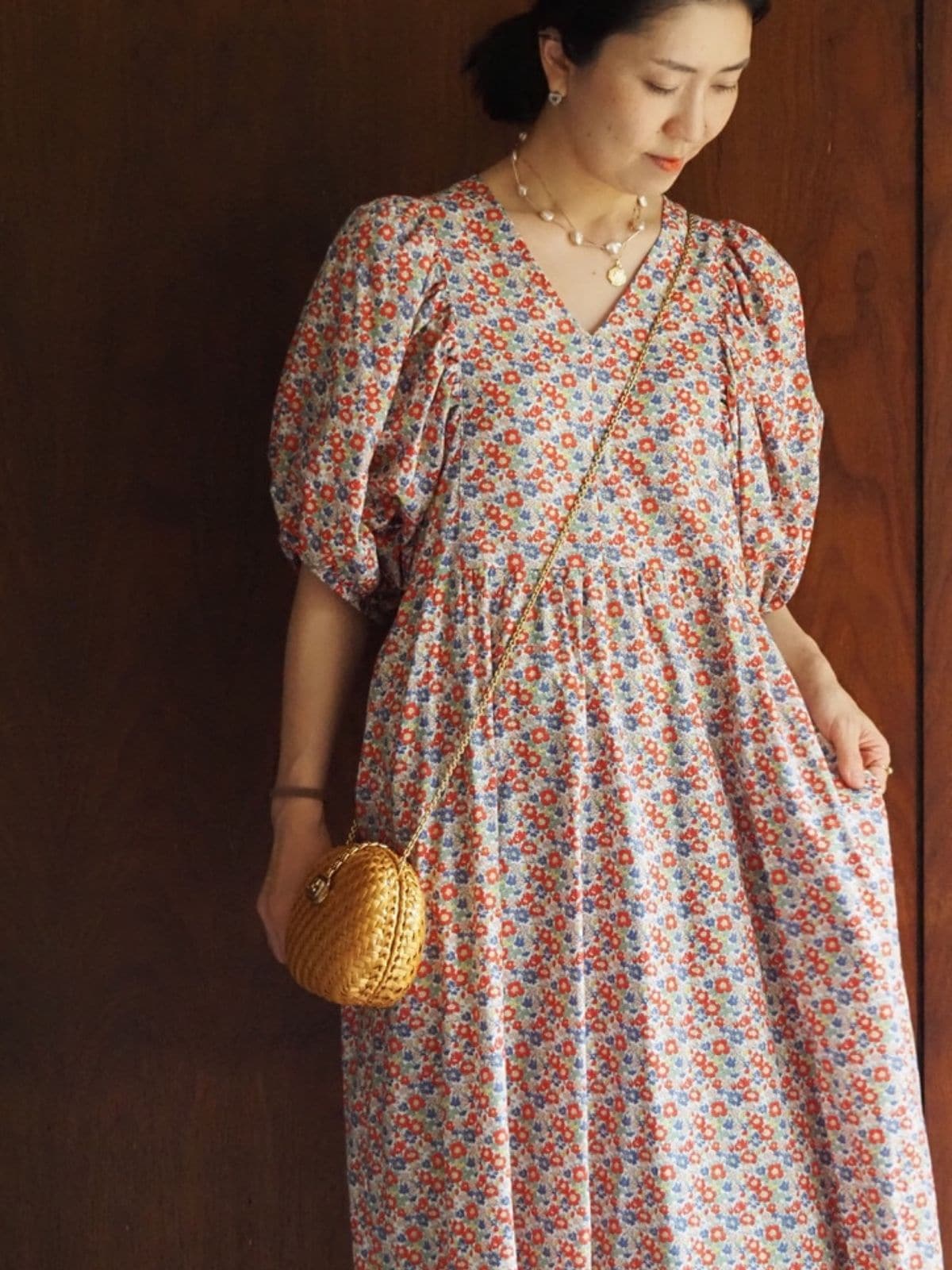 【選べる着丈】リバティレッドフラワーパフスリーブワンピース(123cm/130cm)