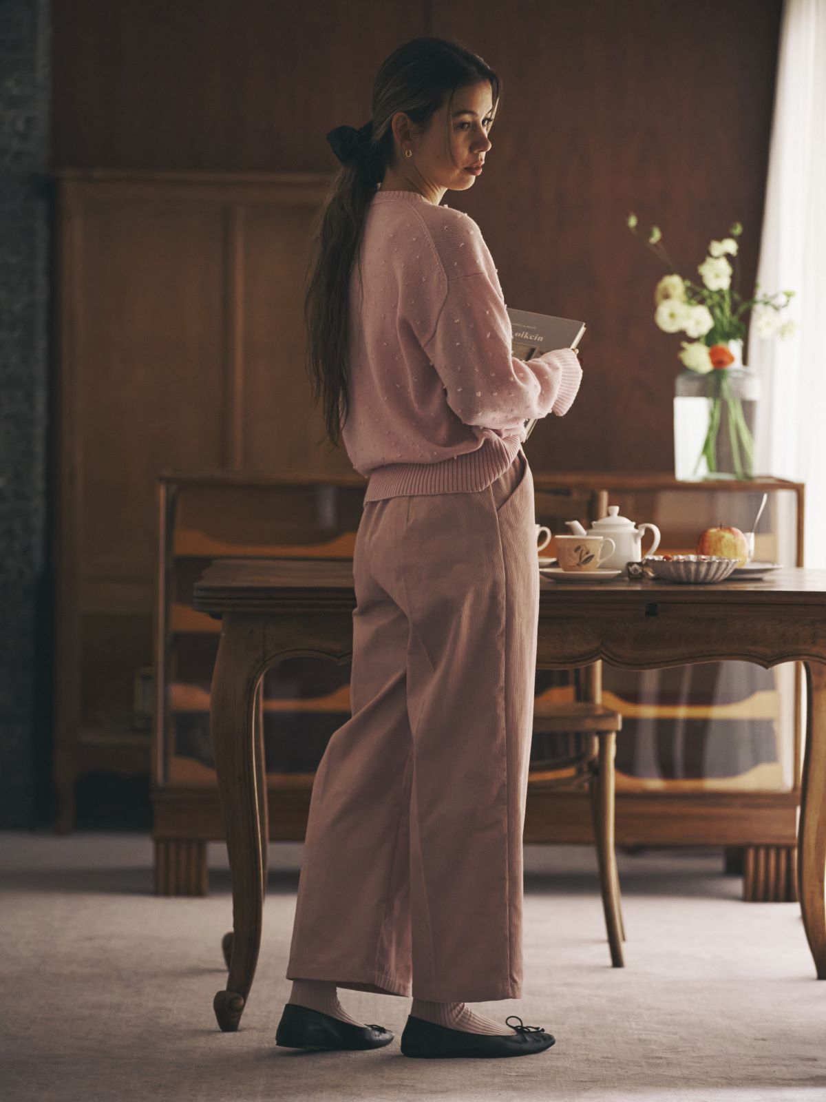 【残りわずか】コーデュロイタックワイドパンツ　ライトパープル