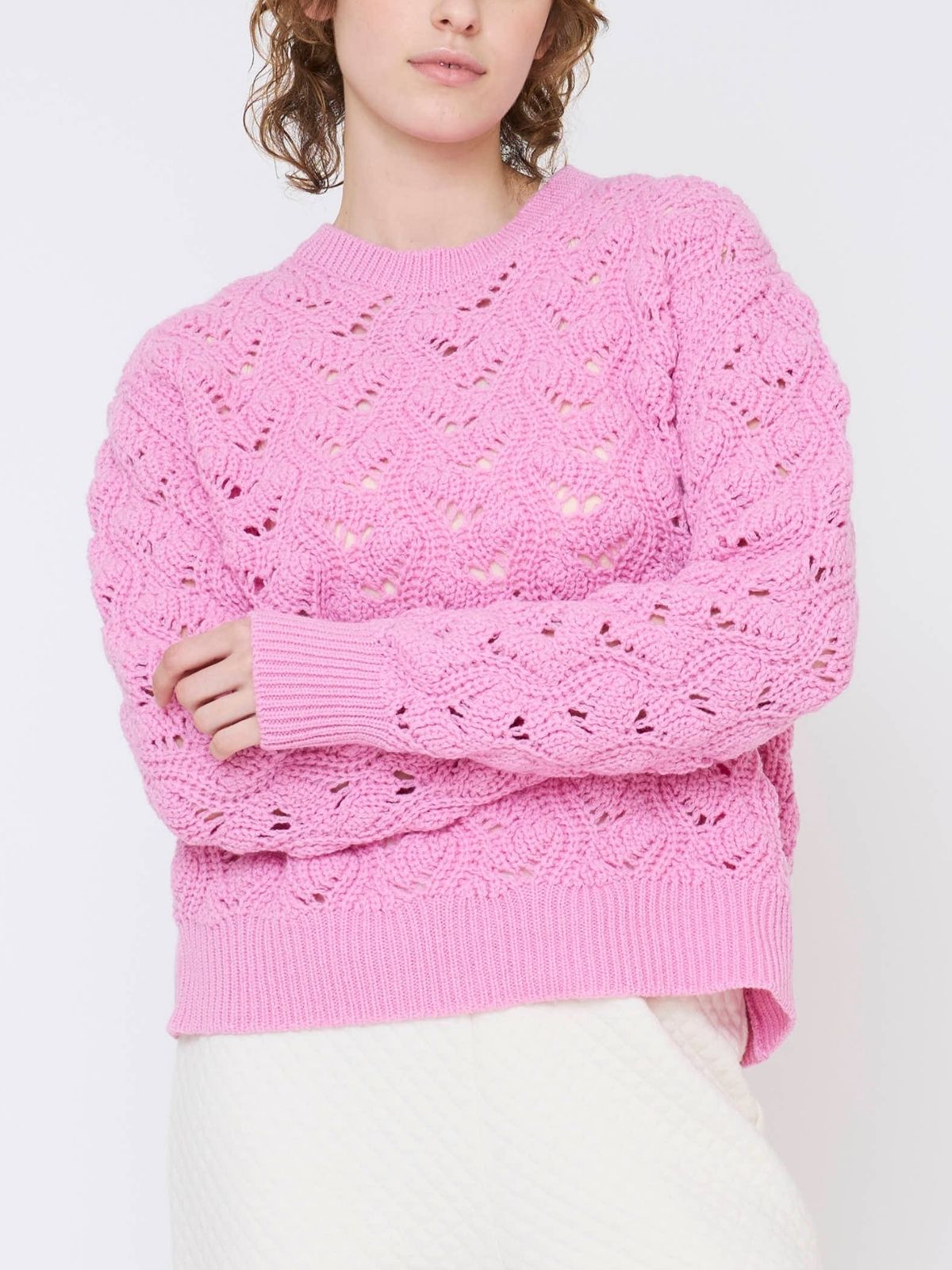 イタリア編み柄ニットプルオーバー ピンク