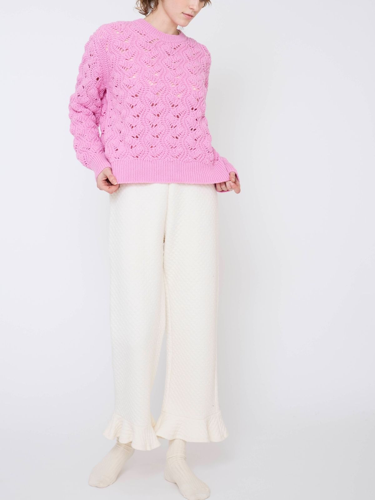 イタリア編み柄ニットプルオーバー ピンク