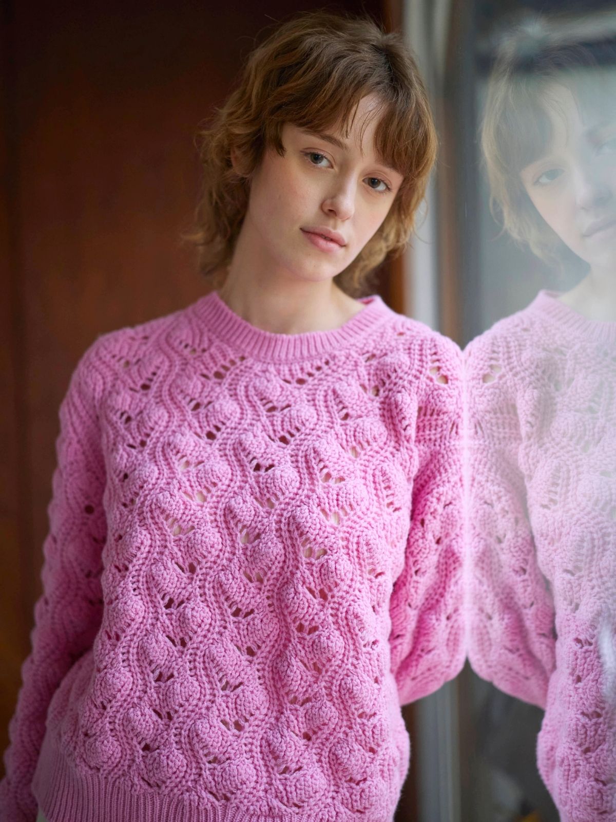 イタリア編み柄ニットプルオーバー ピンク