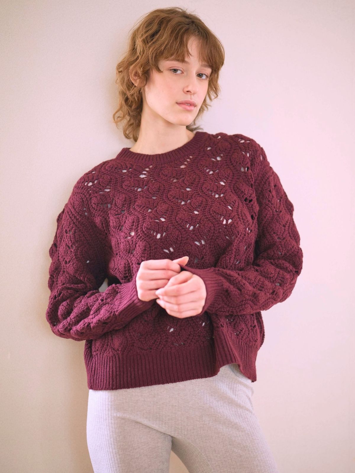 【残りわずか】イタリア編み柄ニットプルオーバー ボルドー