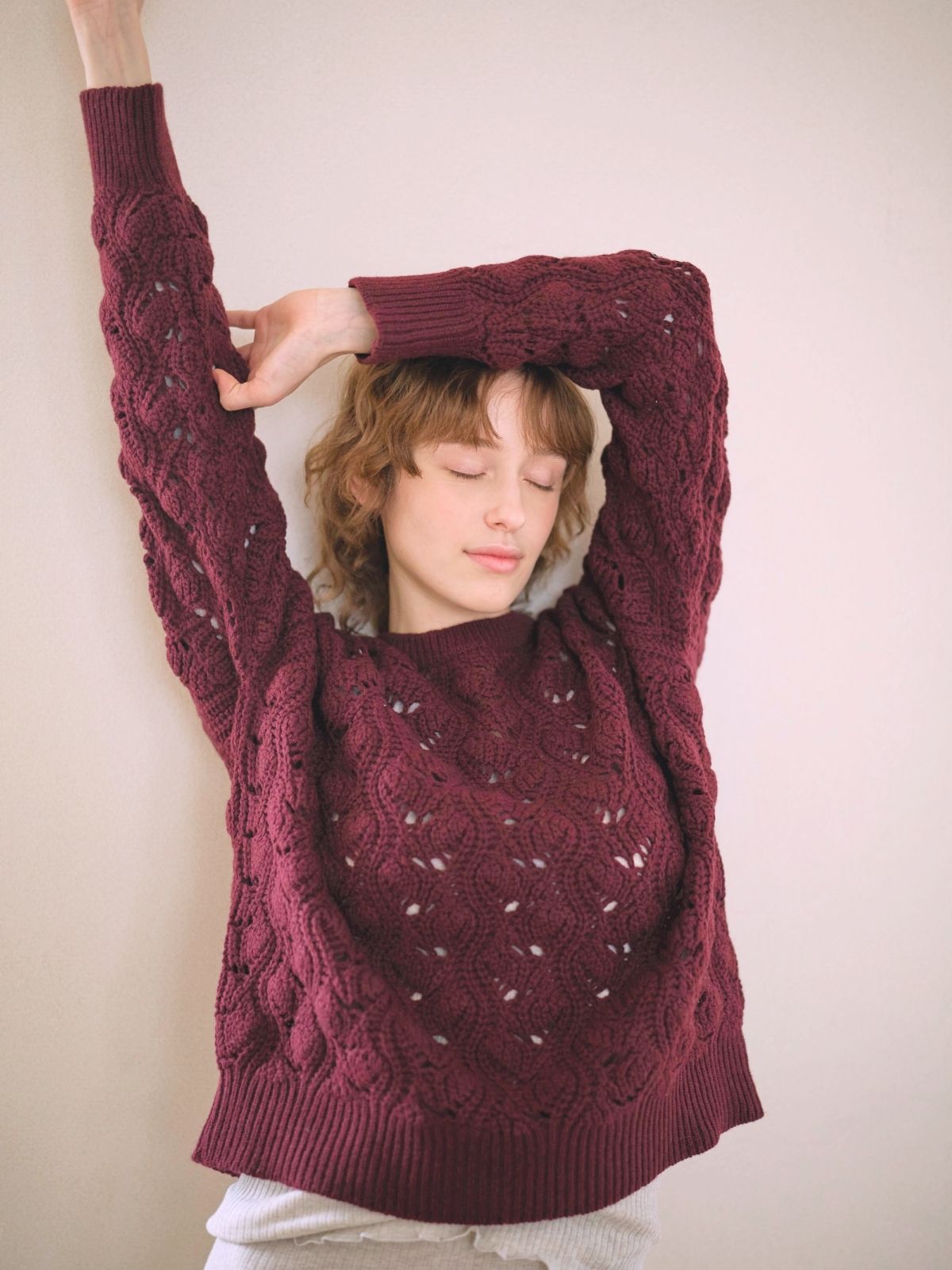 【残りわずか】イタリア編み柄ニットプルオーバー ボルドー