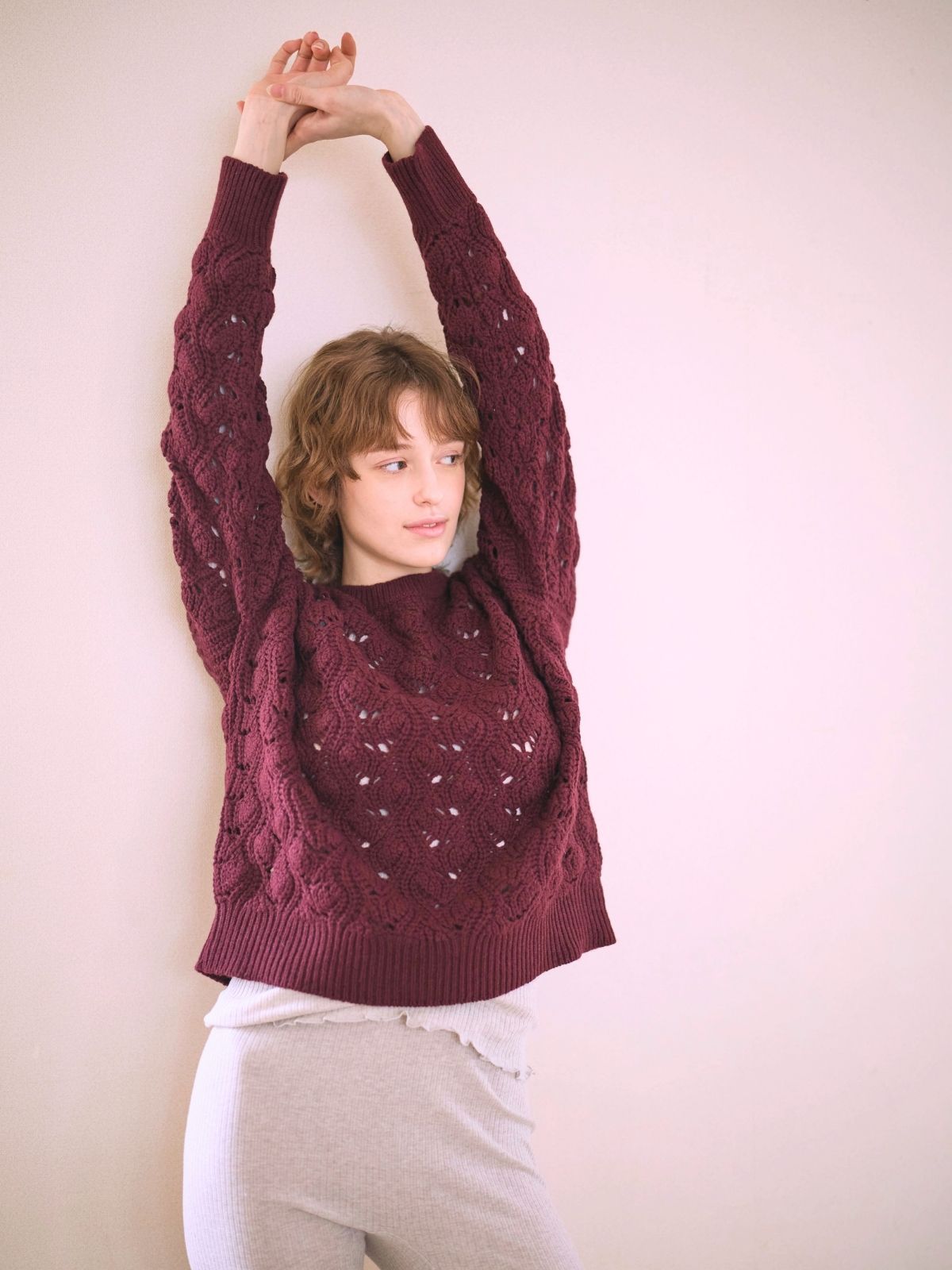 【残りわずか】イタリア編み柄ニットプルオーバー ボルドー