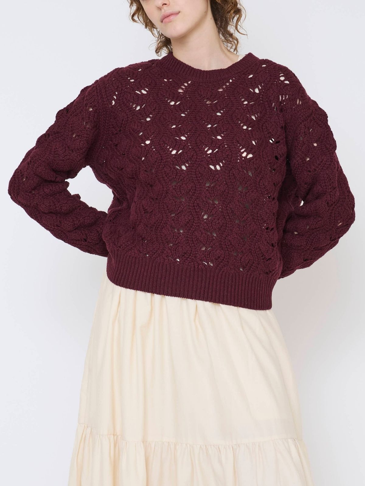 【残りわずか】イタリア編み柄ニットプルオーバー ボルドー
