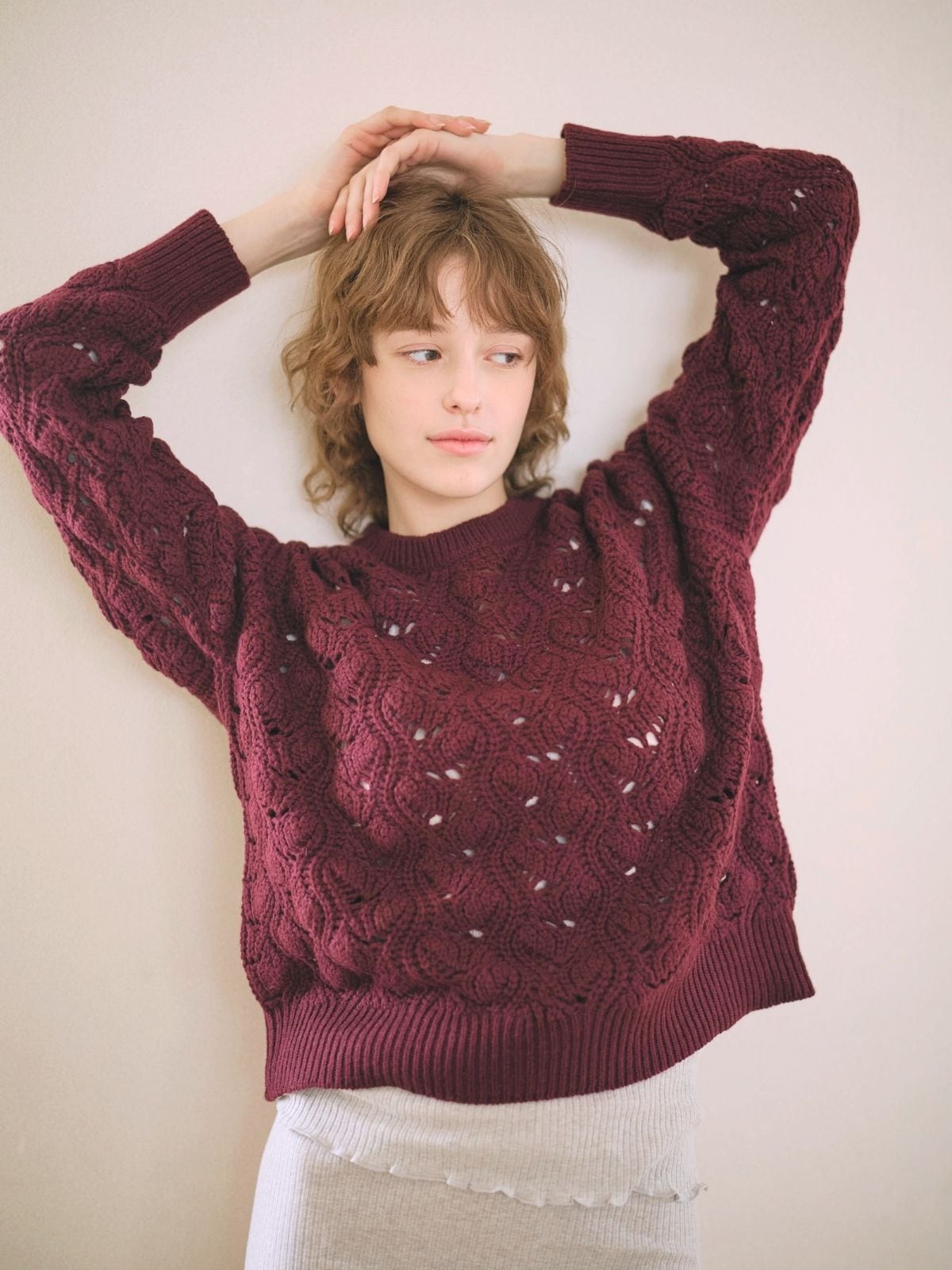 【残りわずか】イタリア編み柄ニットプルオーバー ボルドー