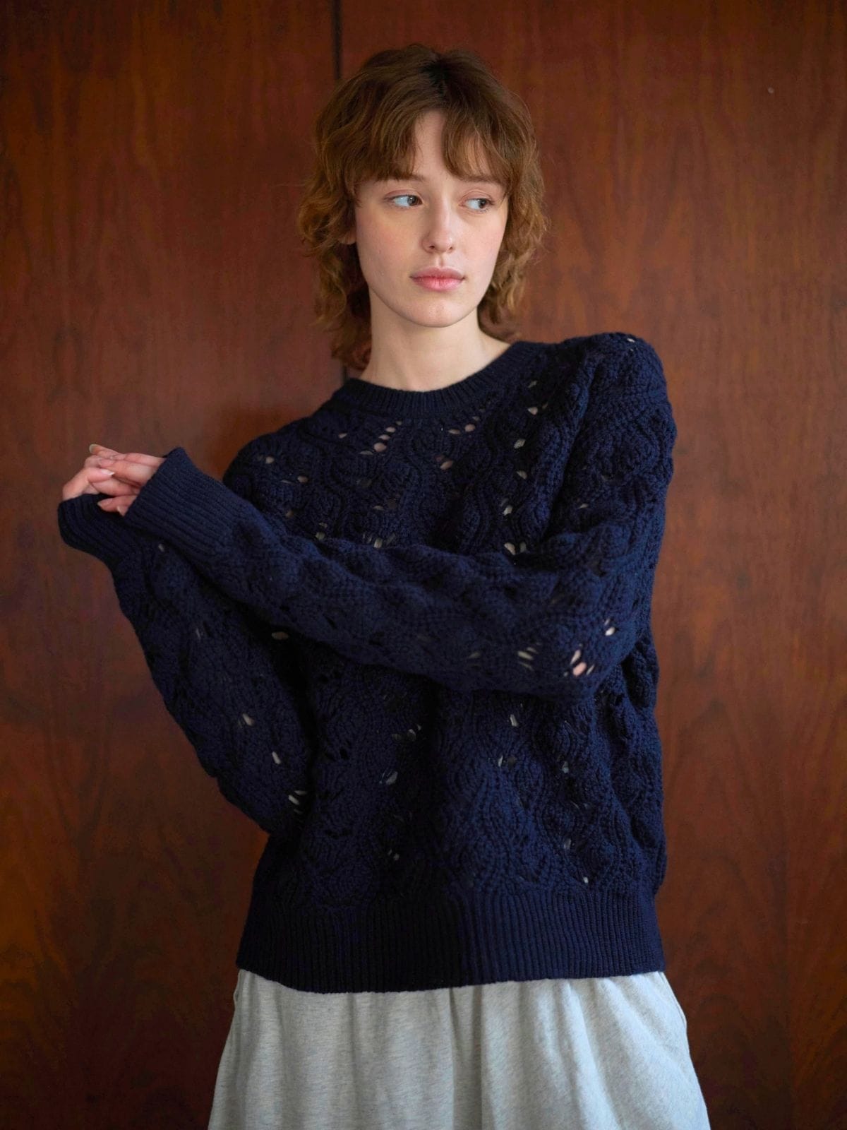 超美品　手編み　青(柄はネイビー)長袖モヘヤニットセーター　M オーバーサイズ ニット ユニセックス モヘアニット 長袖 M～2XL