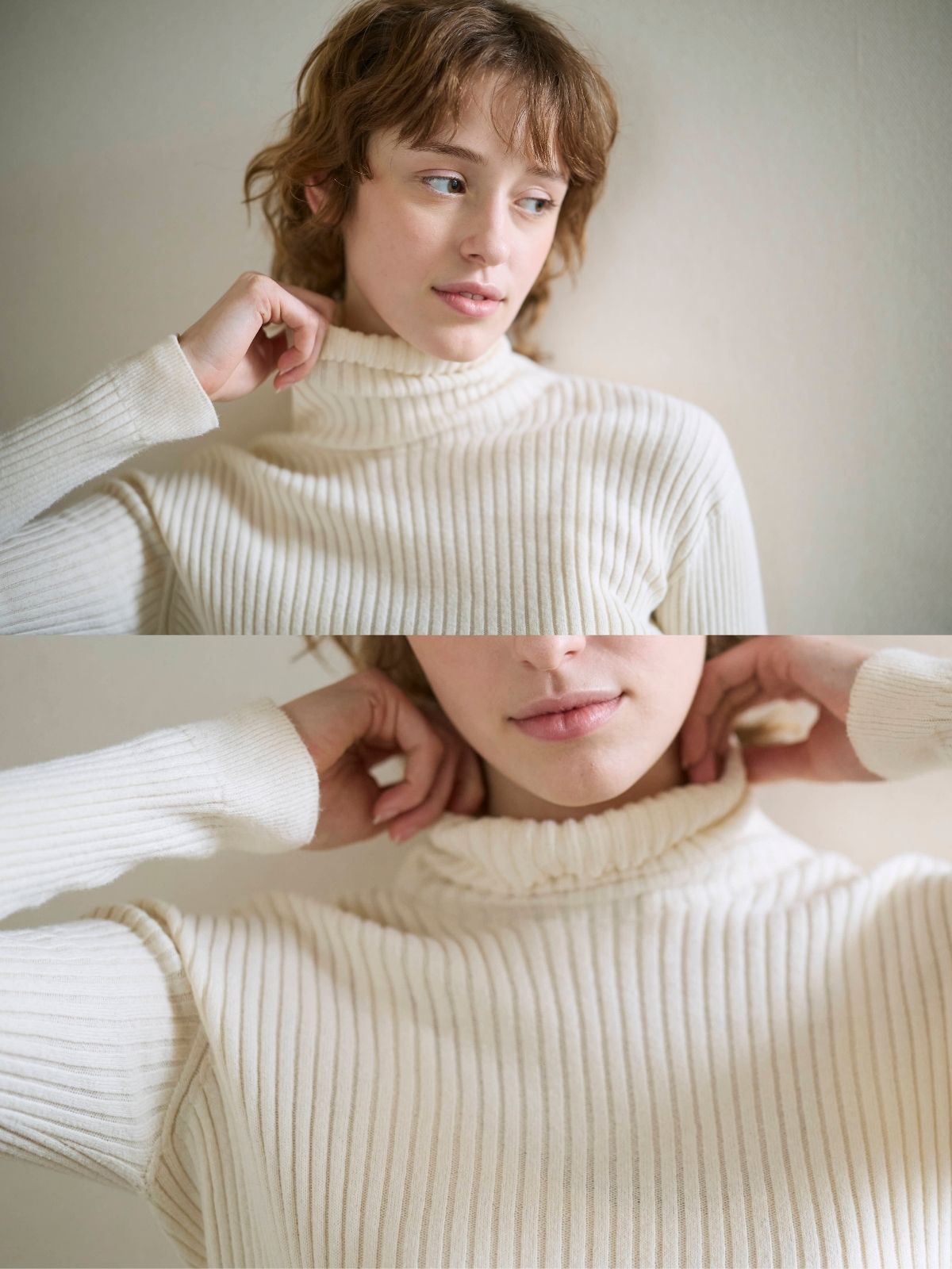 【シリーズ商品2点以上で10%OFF】再入荷｜コットンエアリーリブタートルネックトップス　ナチュラル