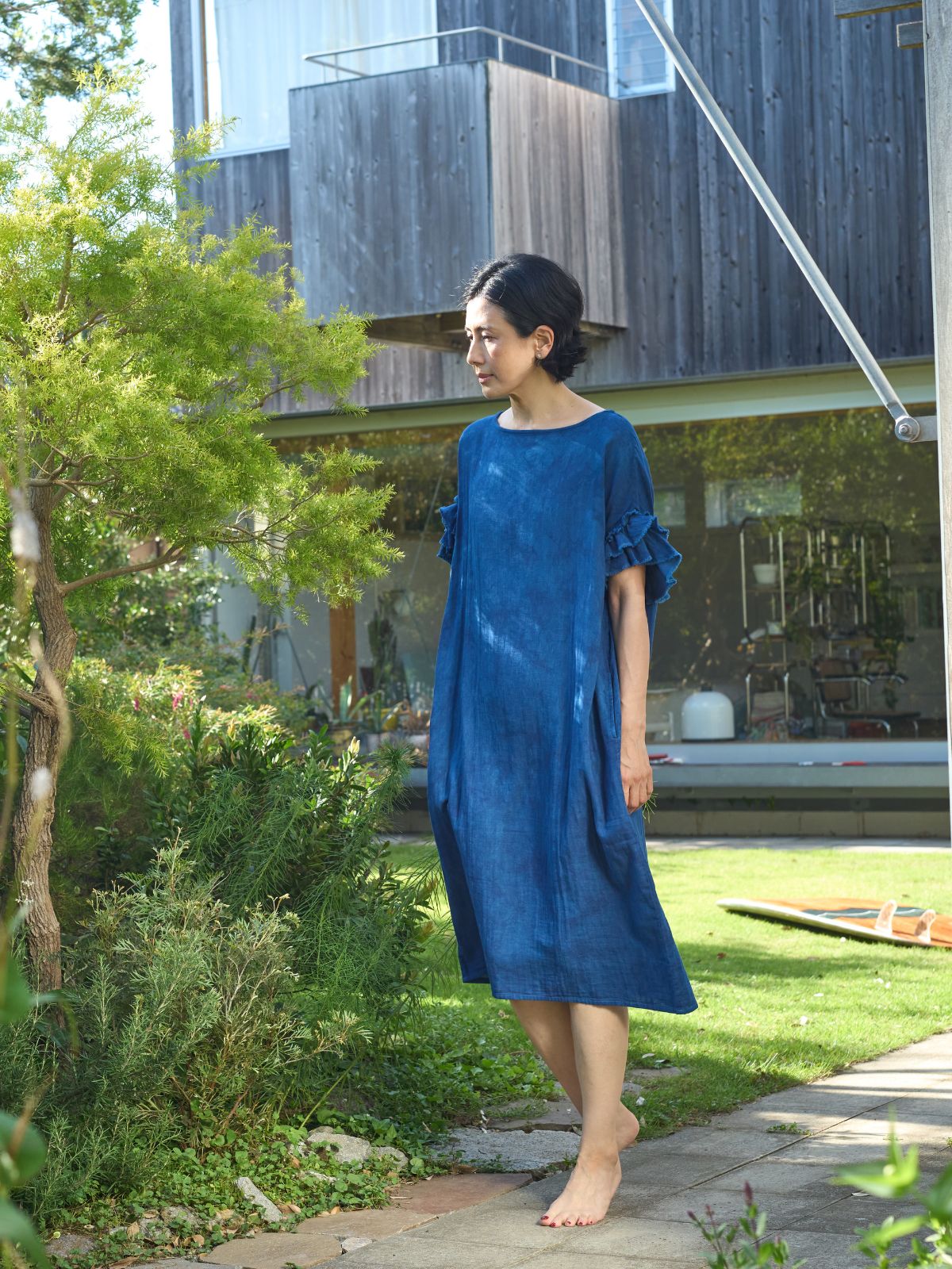 【徳島県の天然藍染め】カラーガーゼローズマリーロングドレス