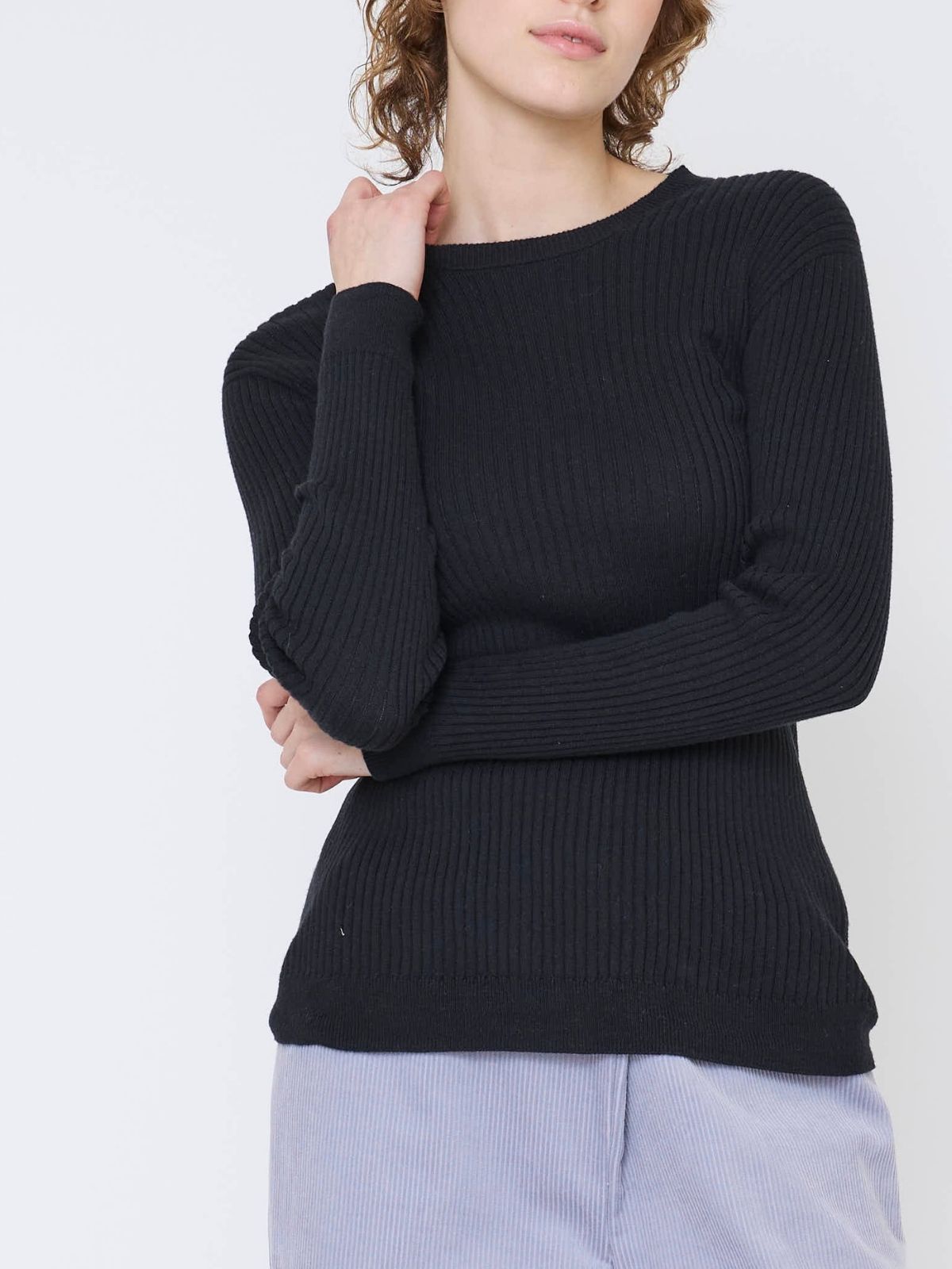 【シリーズ商品2点以上で10%OFF】コットンエアリーリブクルーネックトップス　ブラック