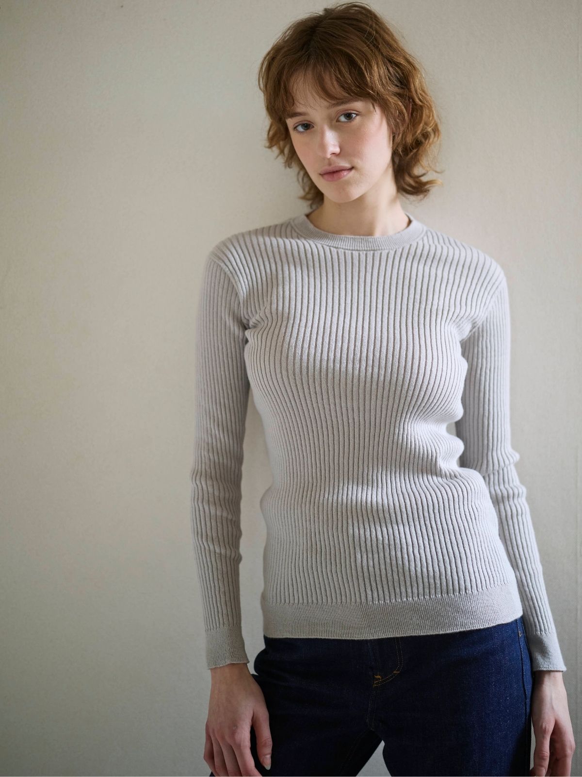 【1月末から2月上旬お届け予定】【シリーズ商品2点以上で10%OFF】新色｜コットンエアリーリブクルーネックトップス　ライトグレー