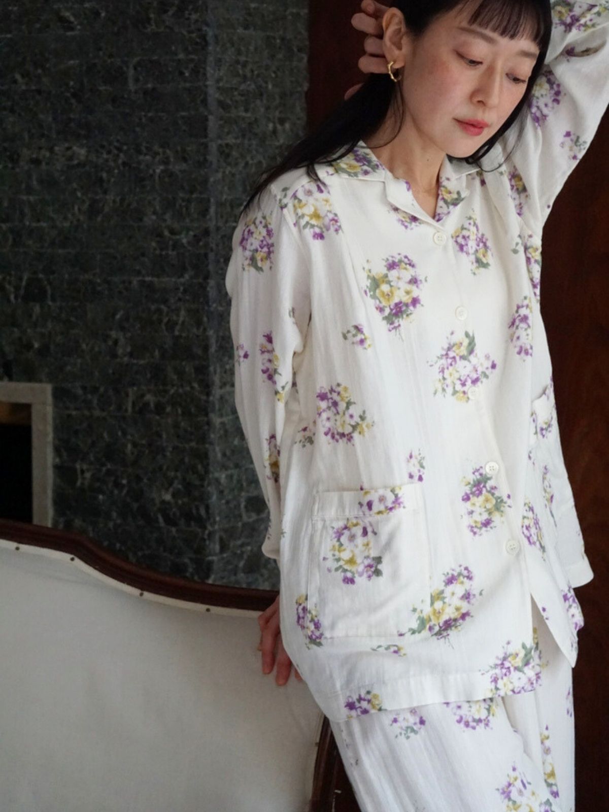 プリムローズ襟付きパジャマ上下セット パープル