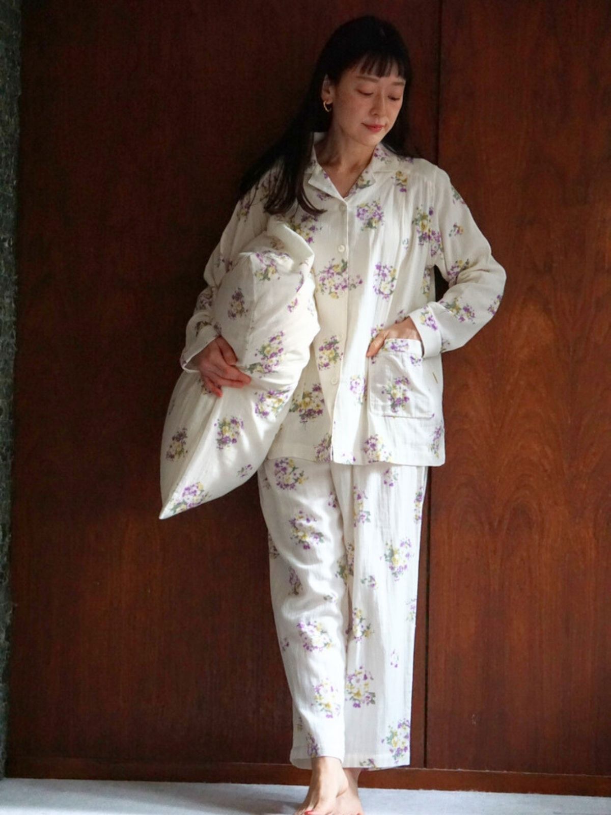 プリムローズ襟付きパジャマ上下セット パープル