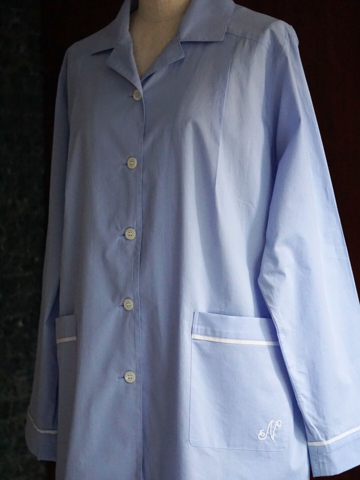 【先行予約】【種から育てた奥出雲のコットン】パジャマ上下セット ブルー｜イニシャル手刺繍カスタム