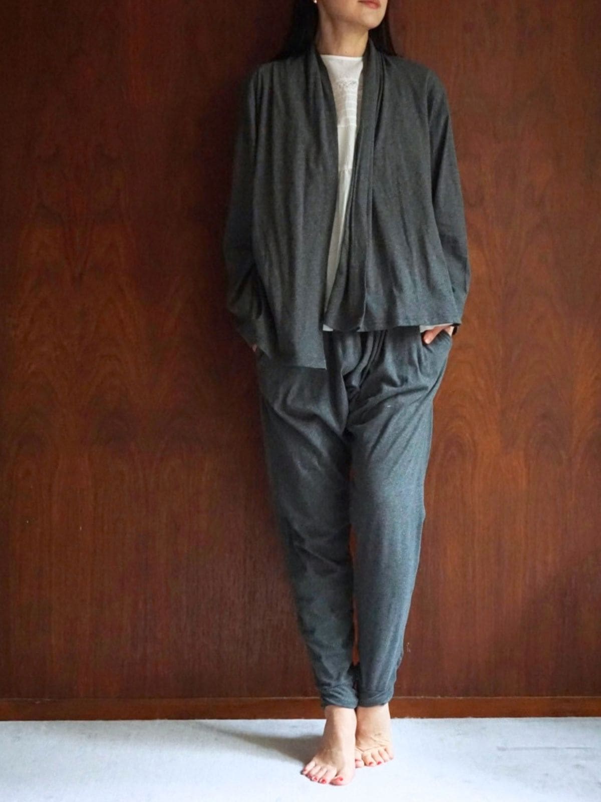 NEW】ファインニット ロングサルエルパンツ（ライトグレー