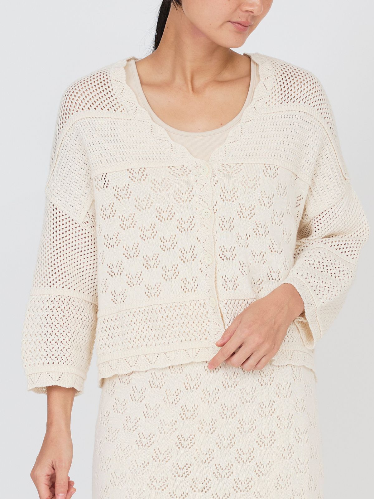 コットンパターンワイドカーディガン（ナチュラル/ピンク/ブラック