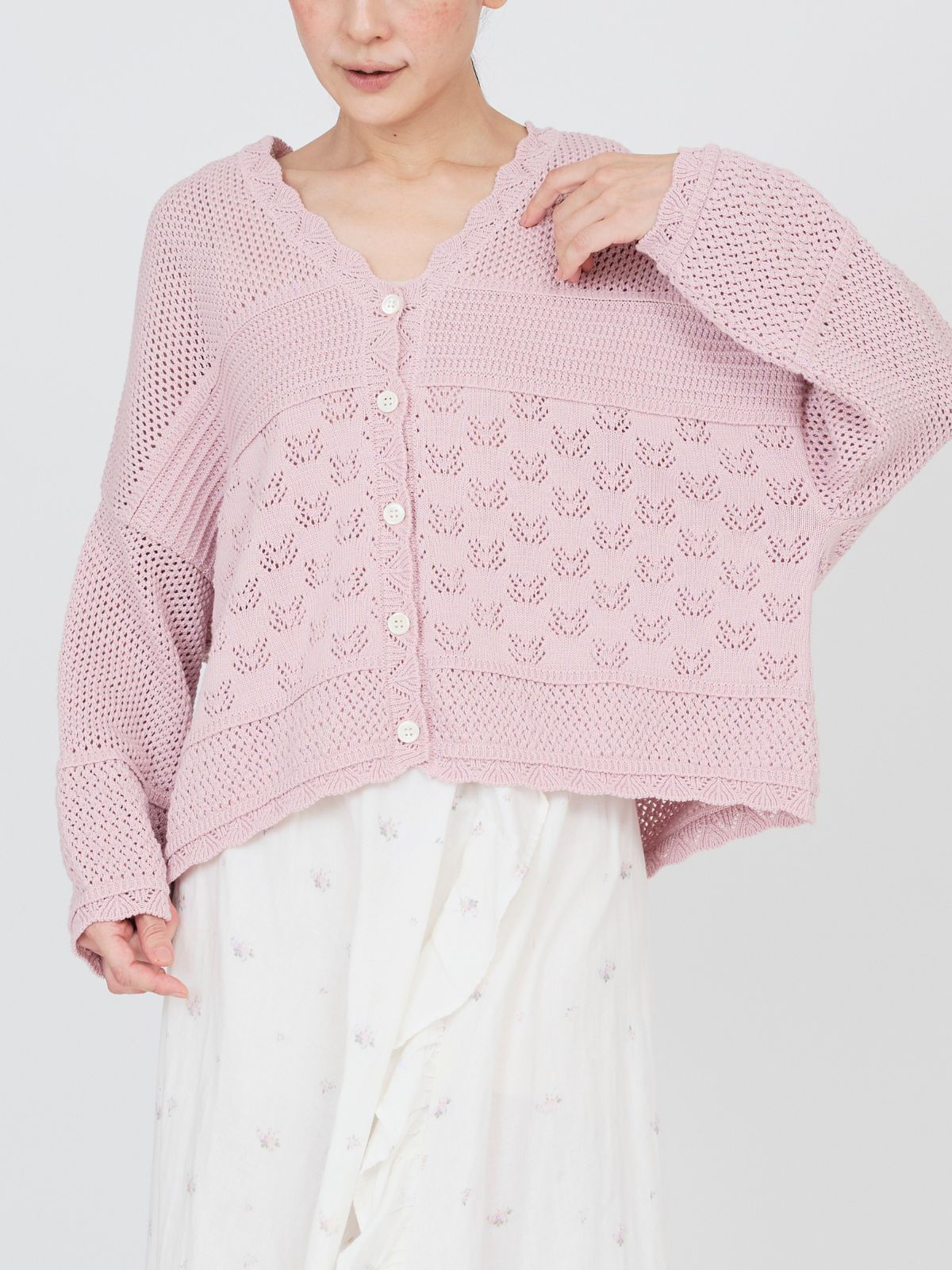 コットンパターンワイドカーディガン（ナチュラル/ピンク/ブラック