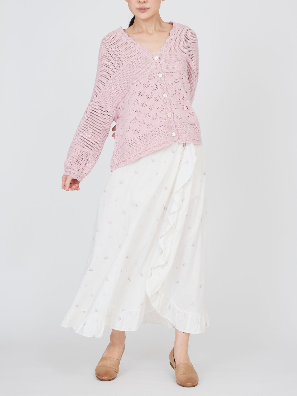 コットンパターンワイドカーディガン（ナチュラル/ピンク/ブラック