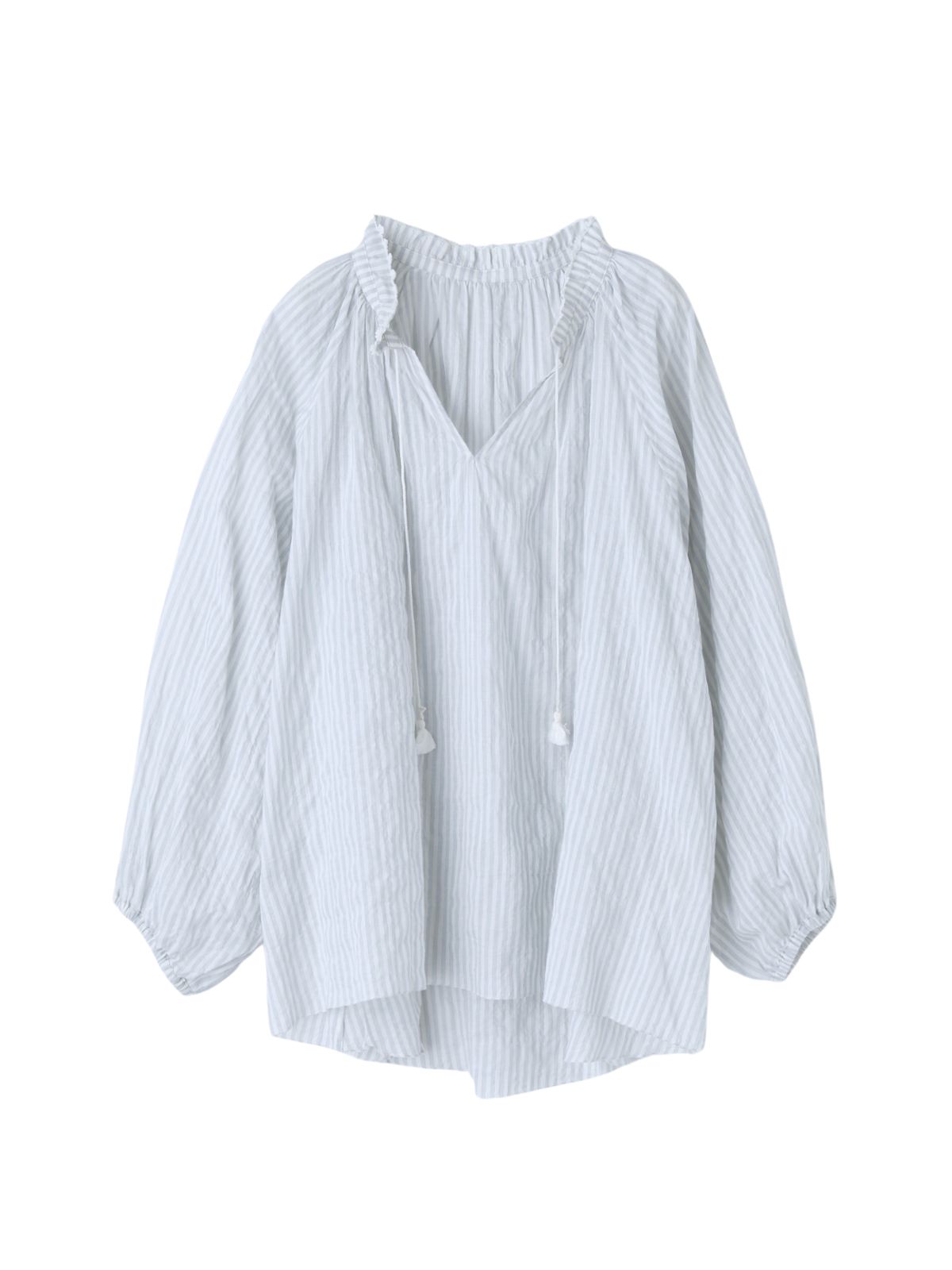 ユーカリストライプタッセルブラウス　