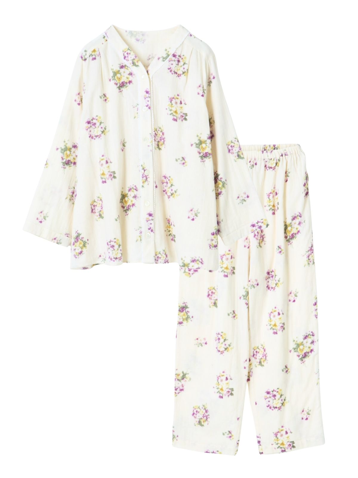 残りわずか】プリムローズノーカラーパジャマ上下セット パープル(M/L